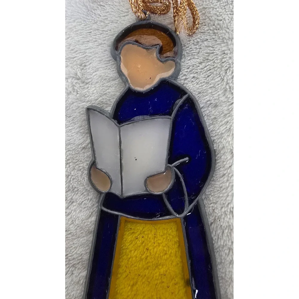Vintage Faux Stained Glass Choir Boy Caroler Suncatcher Christmas Ornament